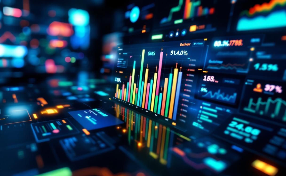 Futuristic holographic dashboard displaying SMS messaging analytics and delivery metrics