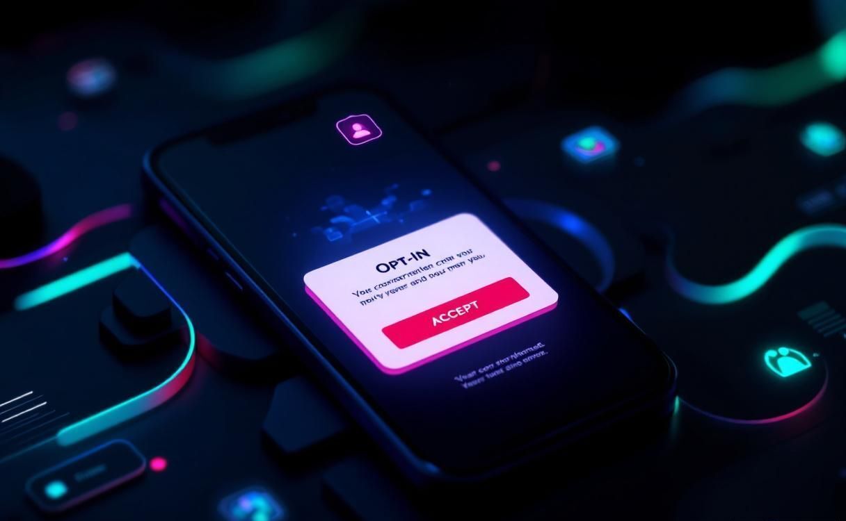 Smartphone displaying opt-in confirmation dialog with consent and privacy icons