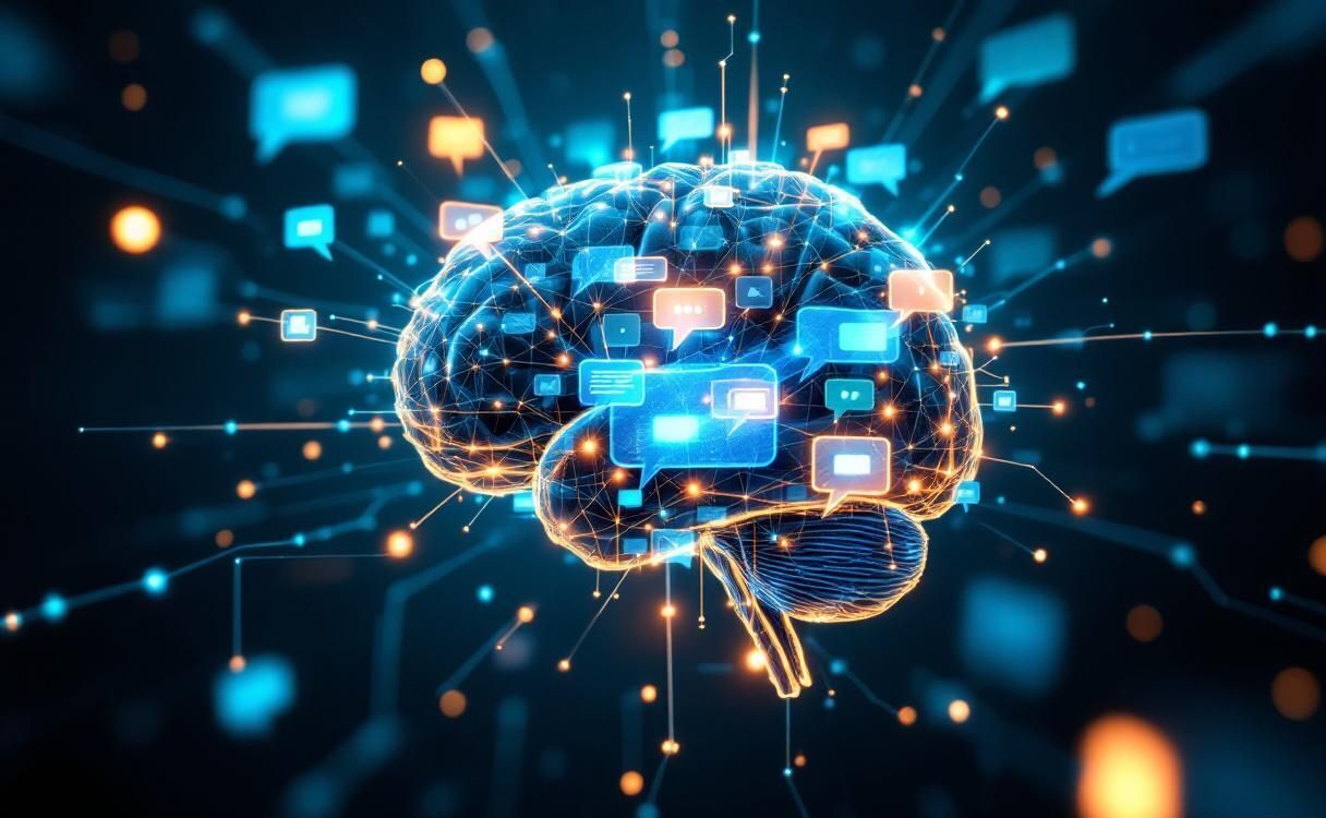 Artificial intelligence neural network brain merged with chat bubble messaging icons