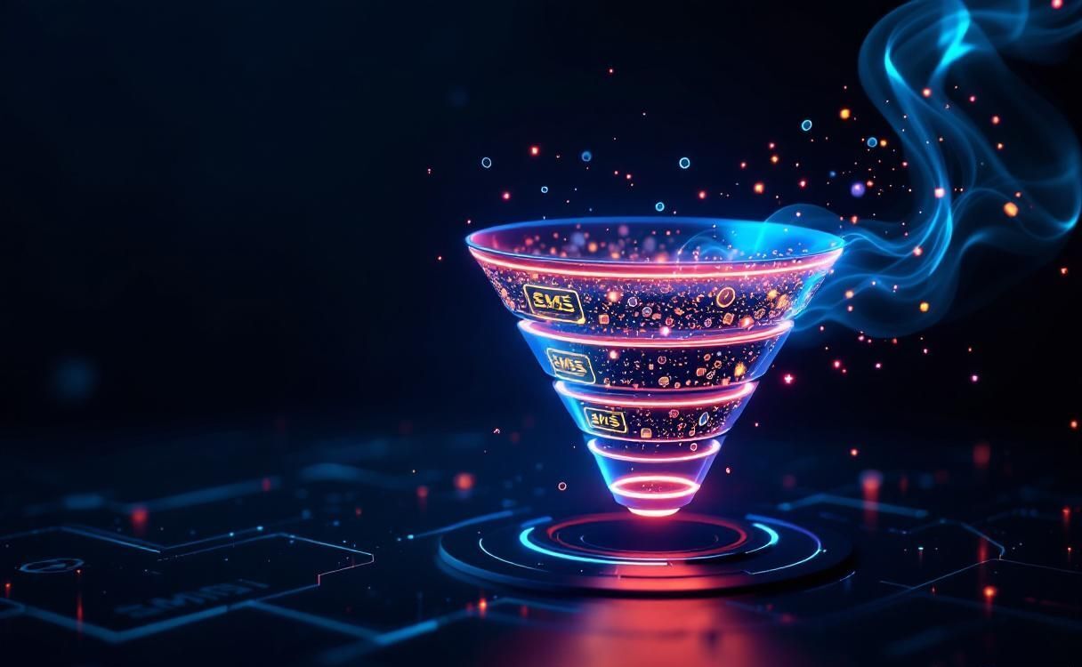 3D neon marketing funnel visualization with SMS touchpoints at each conversion stage