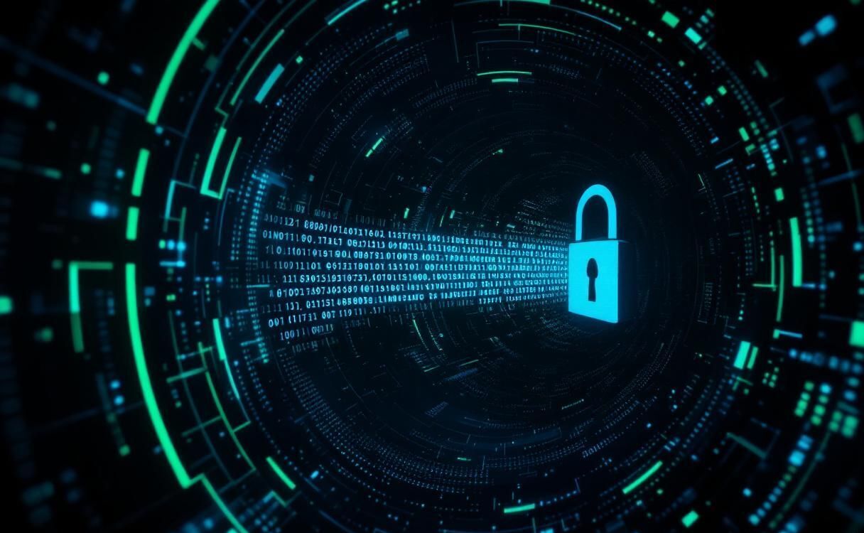 End-to-end encryption visualization showing message transforming through secure tunnel
