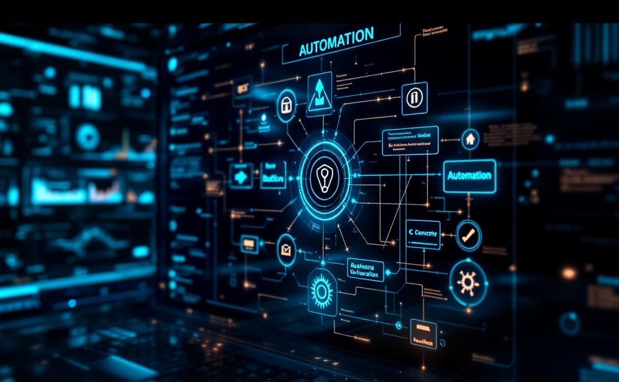 Automation workflow diagram with glowing connected nodes and arrows on dark background