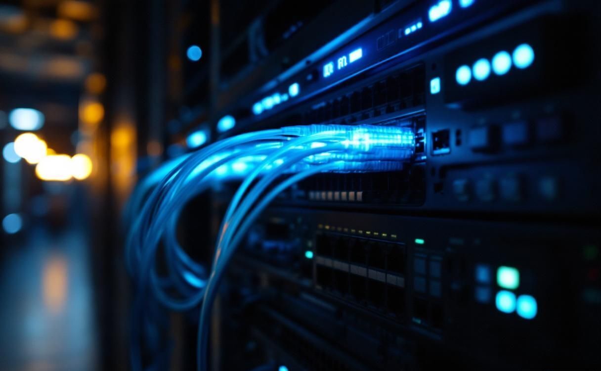 Fiber optic cables and network switches with glowing blue indicator lights in carrier-grade facility