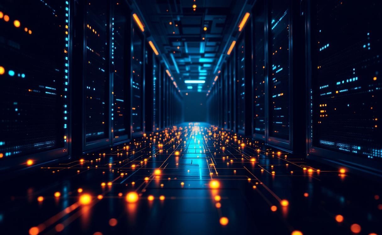 Interconnected API endpoints visualized as glowing nodes in a dark server room