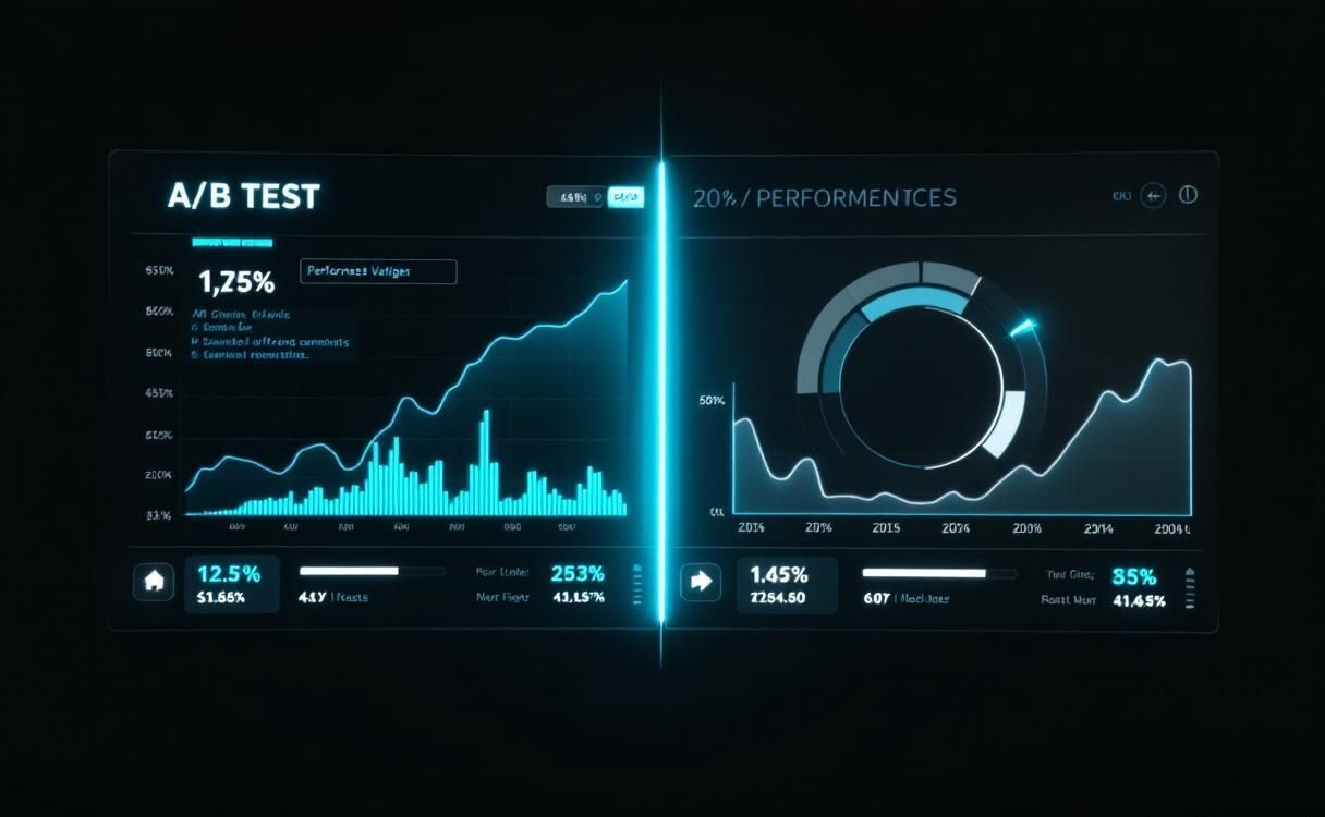 Split-screen comparison display showing A/B test variants with performance metrics