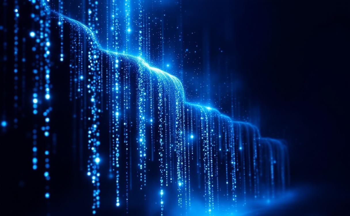 Cascading sequence of automated messages flowing like a waterfall of light