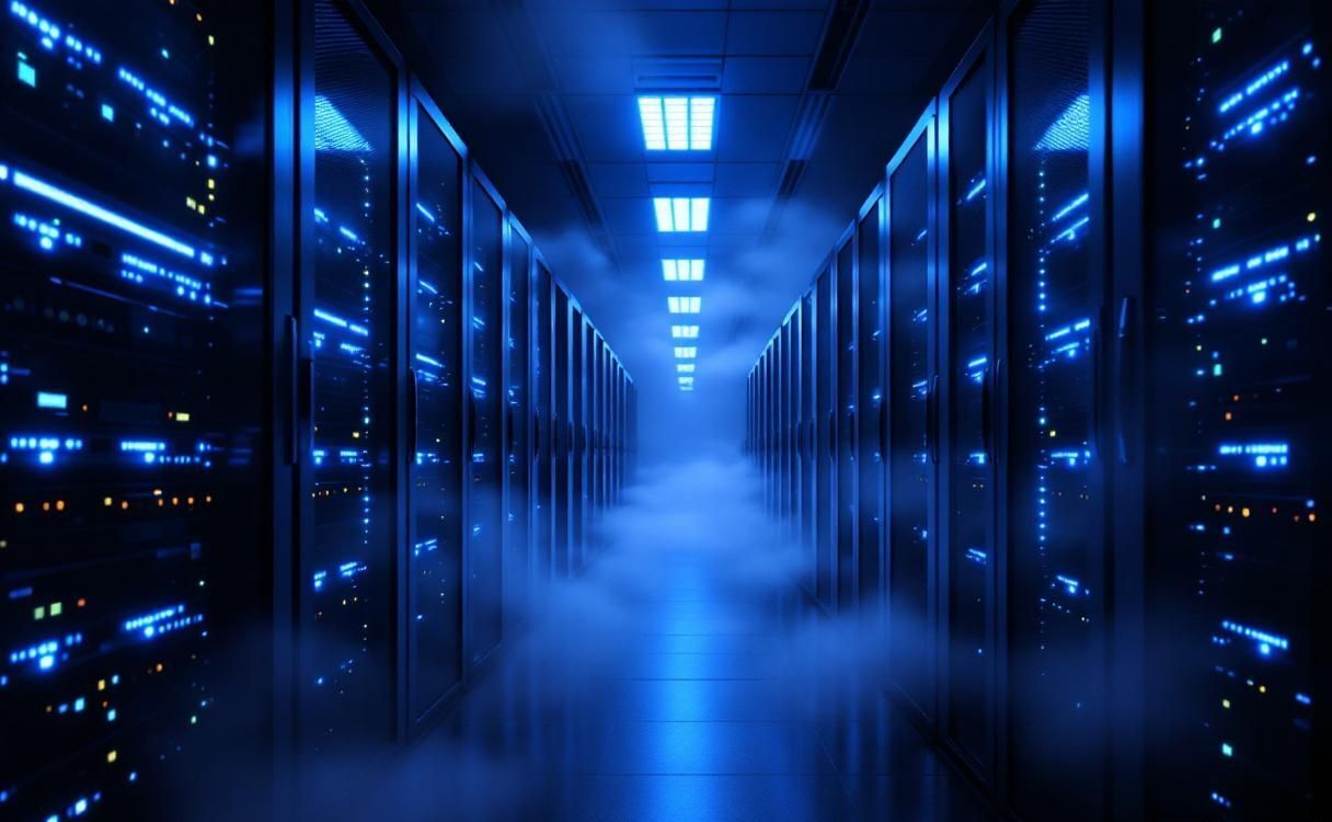 Cloud server racks with ethereal mist and blue LED lighting in enterprise facility