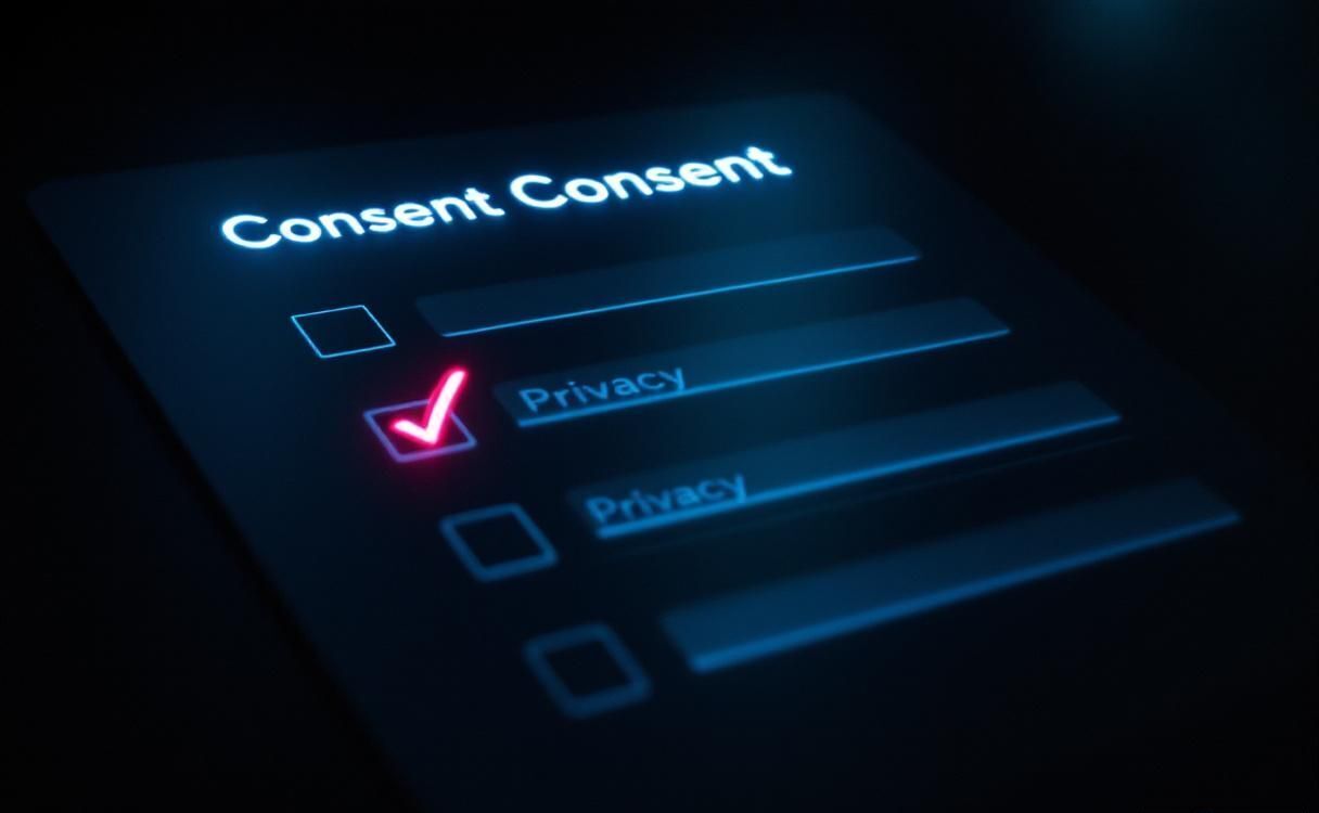Digital consent form with checkboxes and privacy shields glowing in neon light