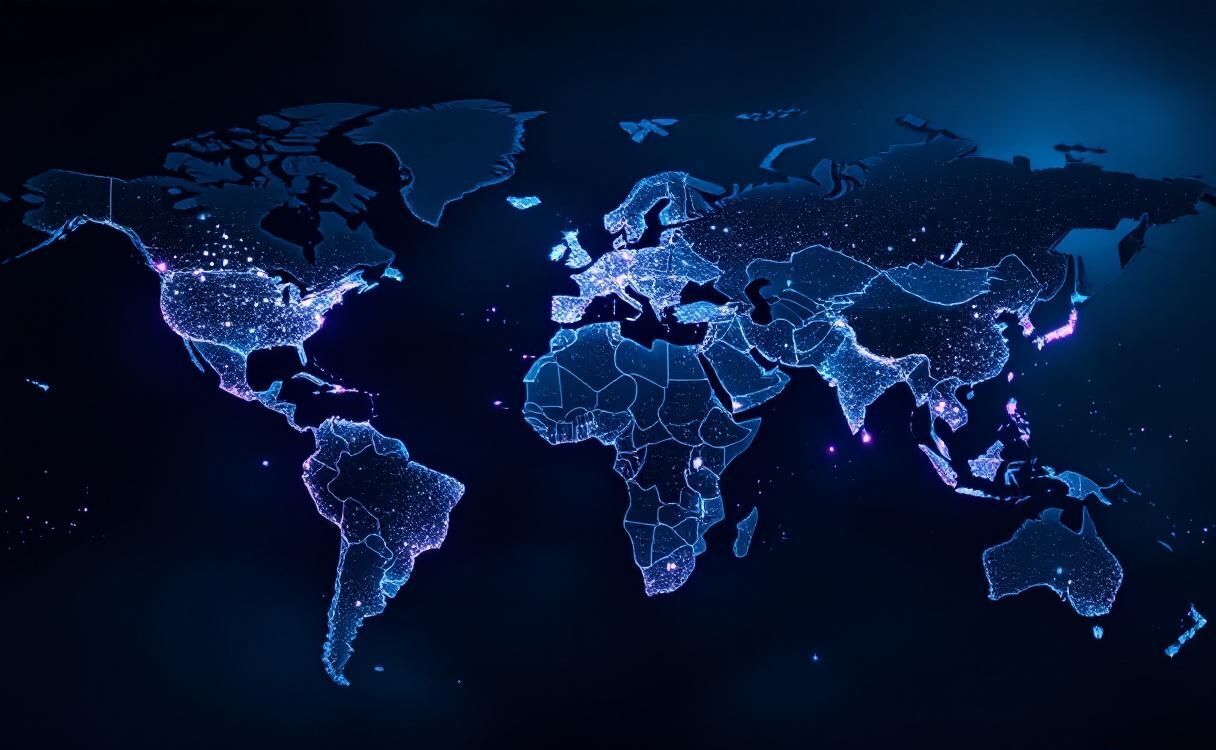 World map with geofenced regions highlighted by glowing boundaries for location targeting