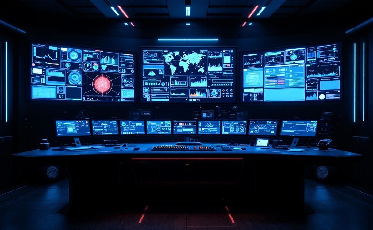 Comprehensive platform control panel with multiple monitoring screens in command center