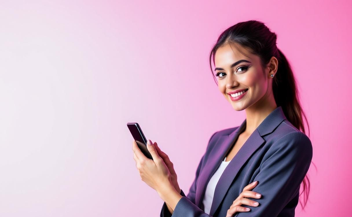 Confident businesswoman holding smartphone against hot pink gradient background