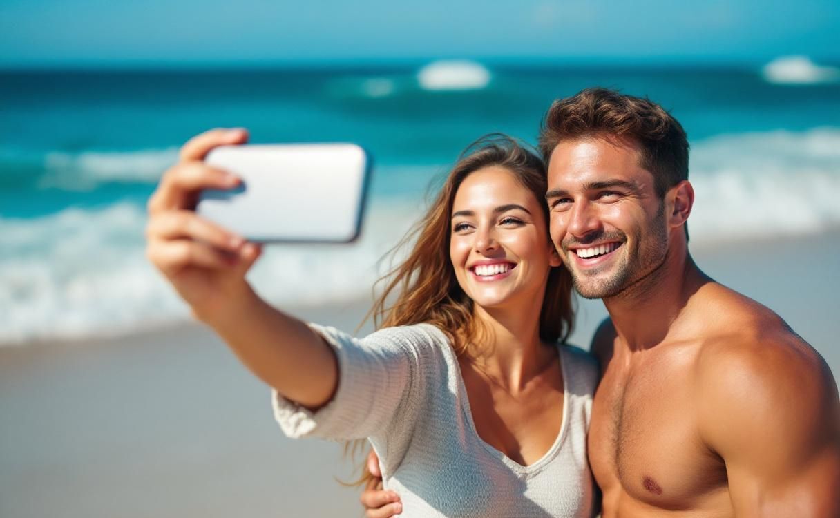 Couple at the beach taking a selfie together