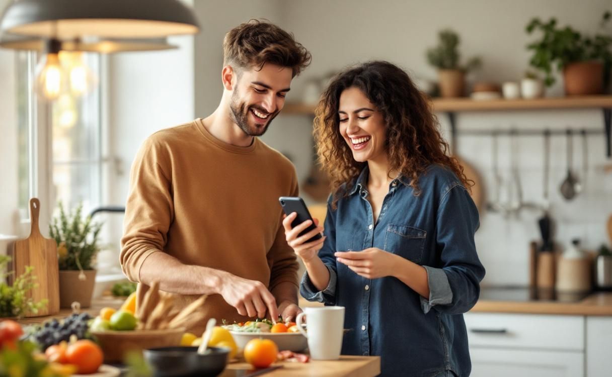 Couple in a kitchen laughing at something on a phone