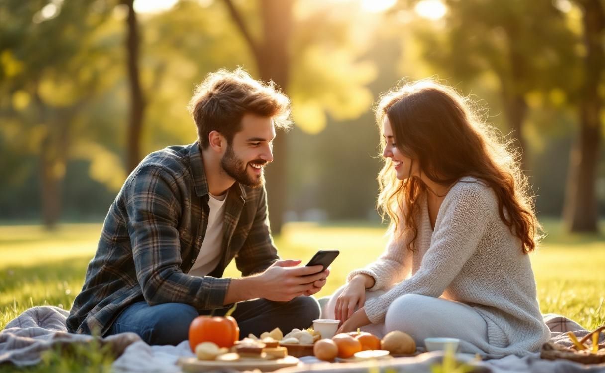 Couple having a picnic showing each other their phones