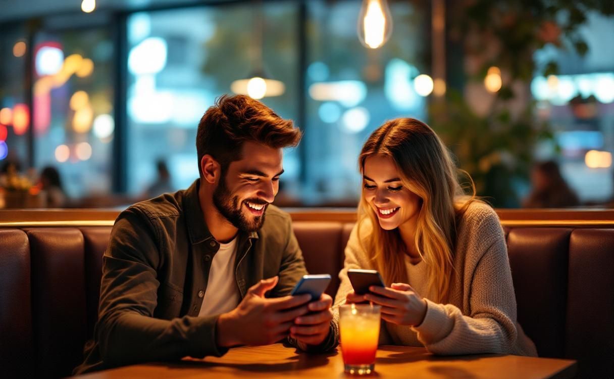 Couple at restaurant booth smiling at phones with colorful cocktails on table