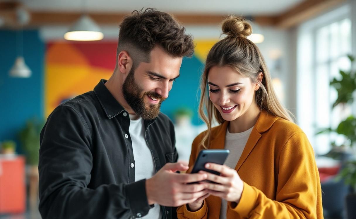 Two coworkers looking at smartphone screen together in bright open office