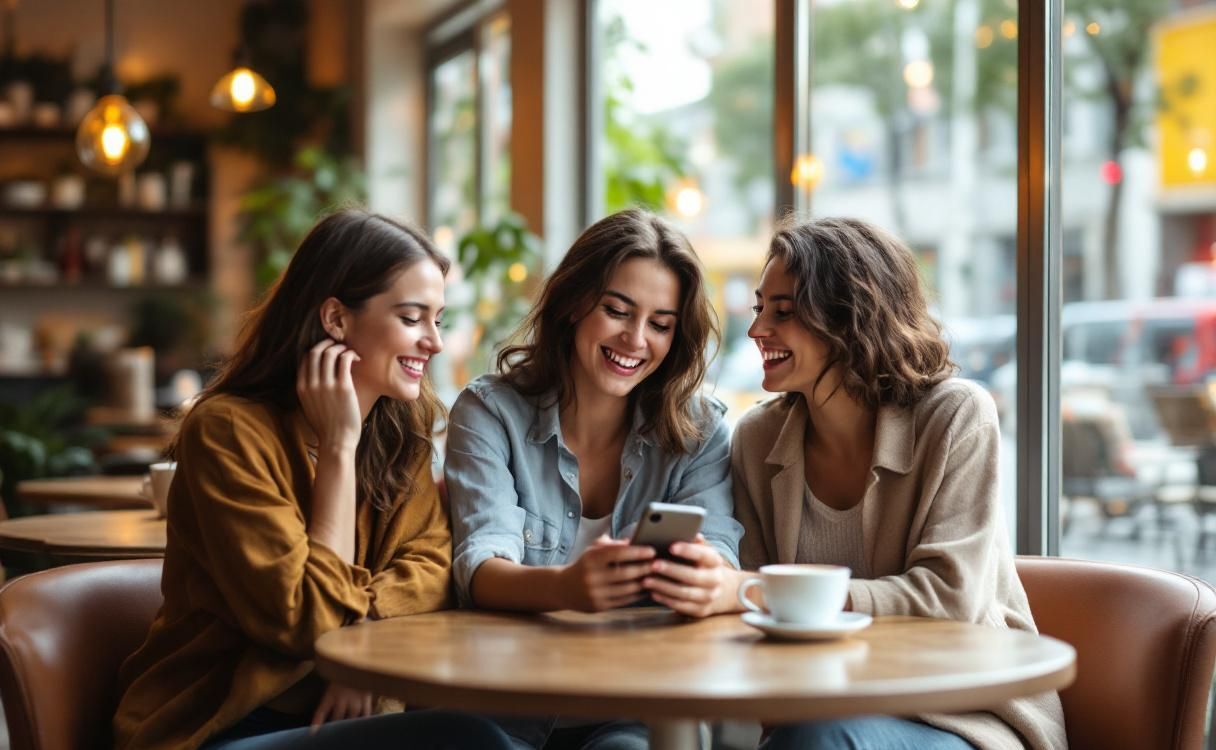 Three friends at a coffee shop laughing at a phone