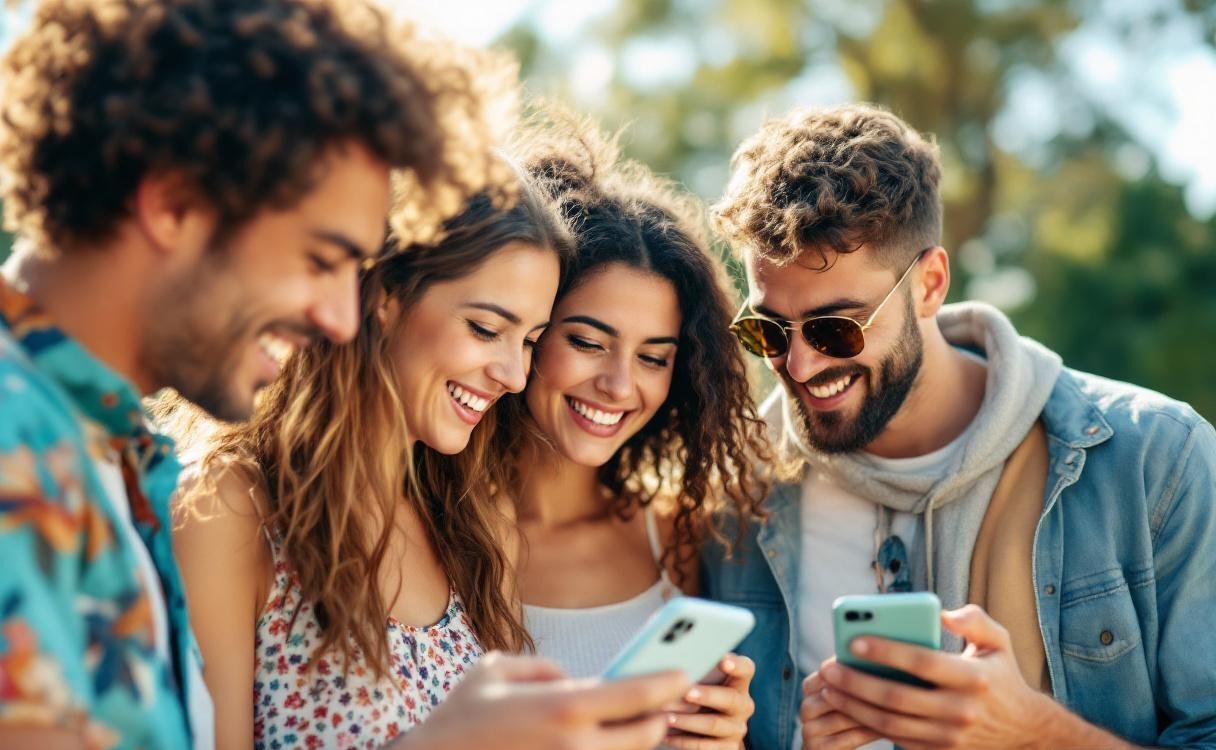 Group of young friends outdoors all looking at phones and smiling in vibrant setting