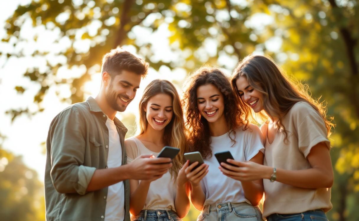 Group of friends in a sunny park looking at their phones and laughing