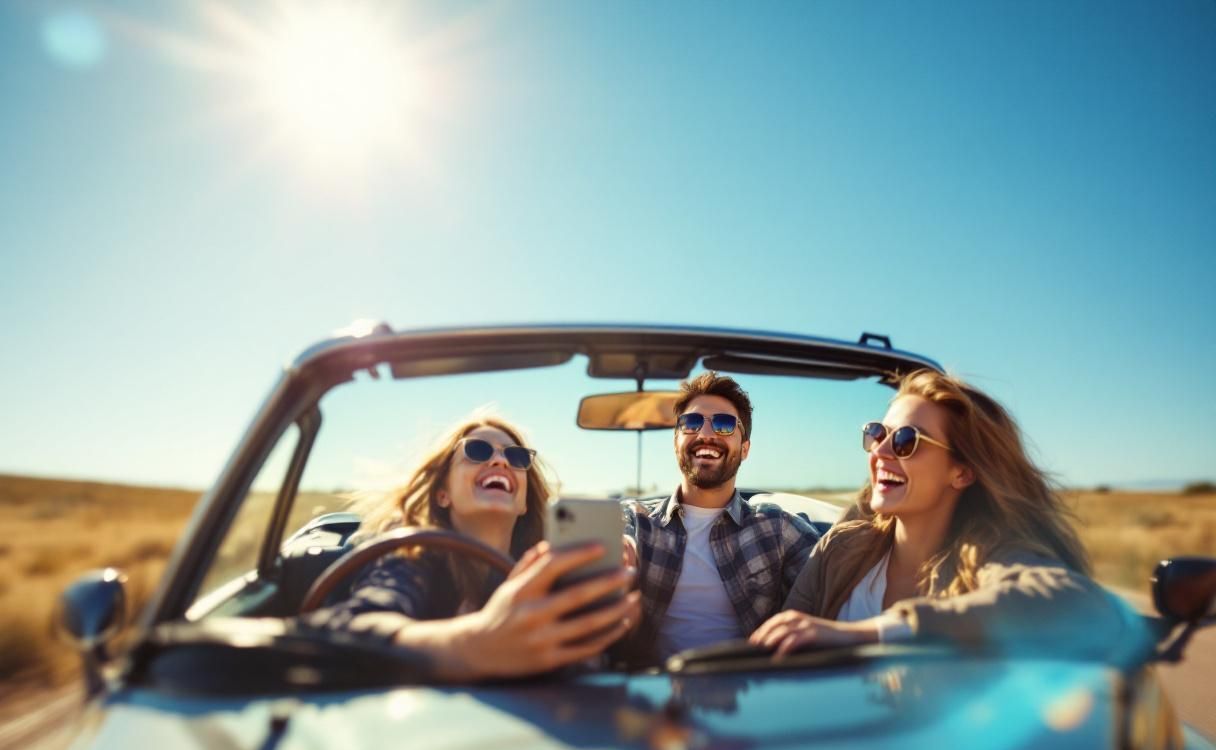 Friends on a road trip in a convertible with phone for directions