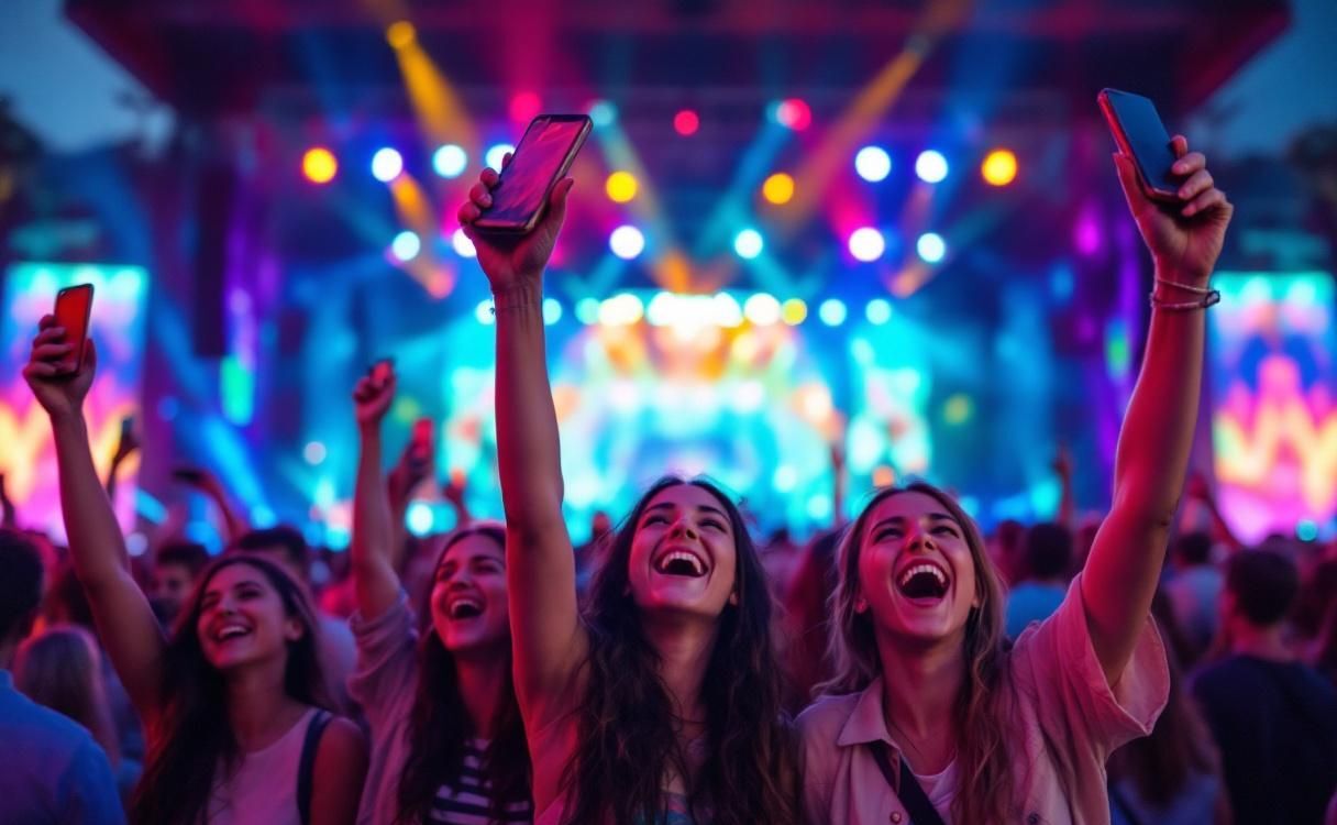 Friends at a music festival holding up their phones
