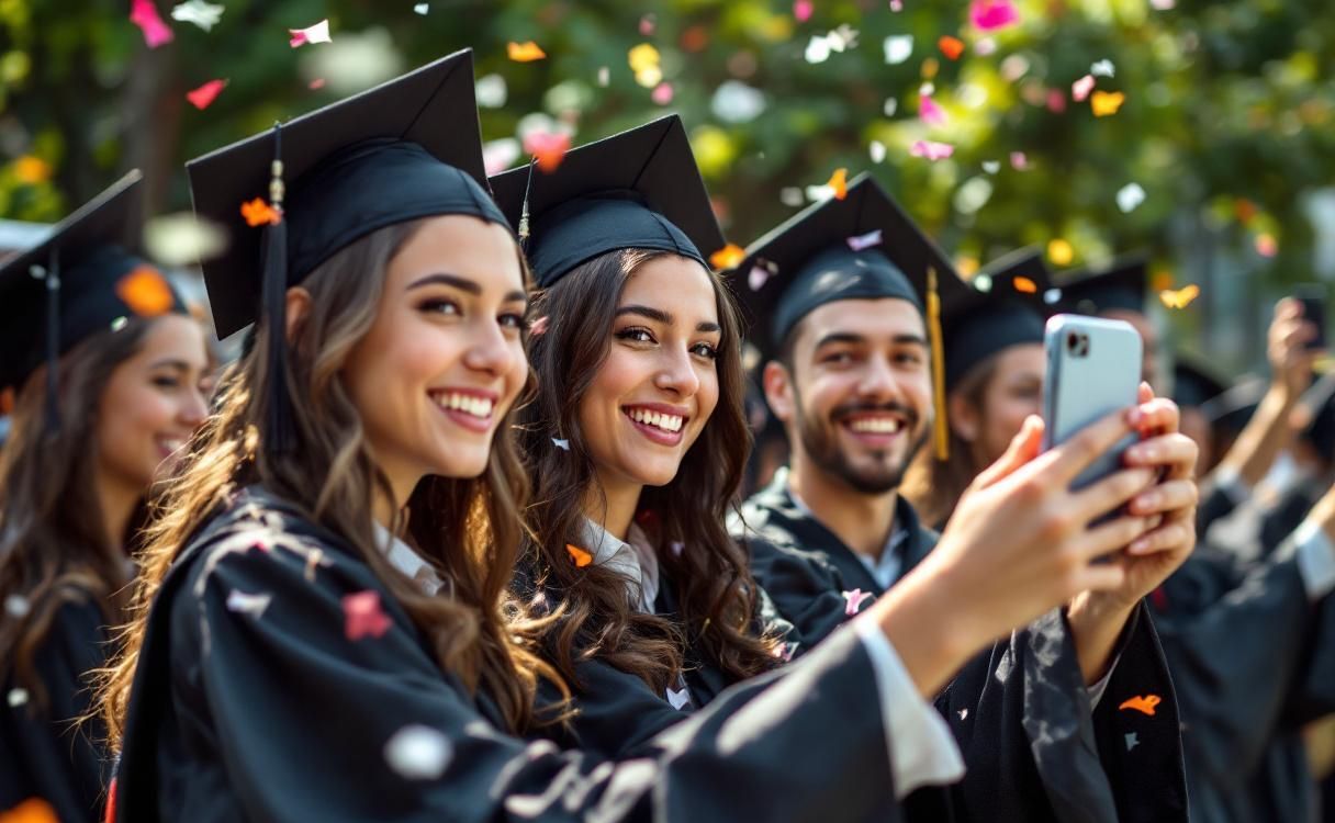 Graduates in caps and gowns taking photos with phones