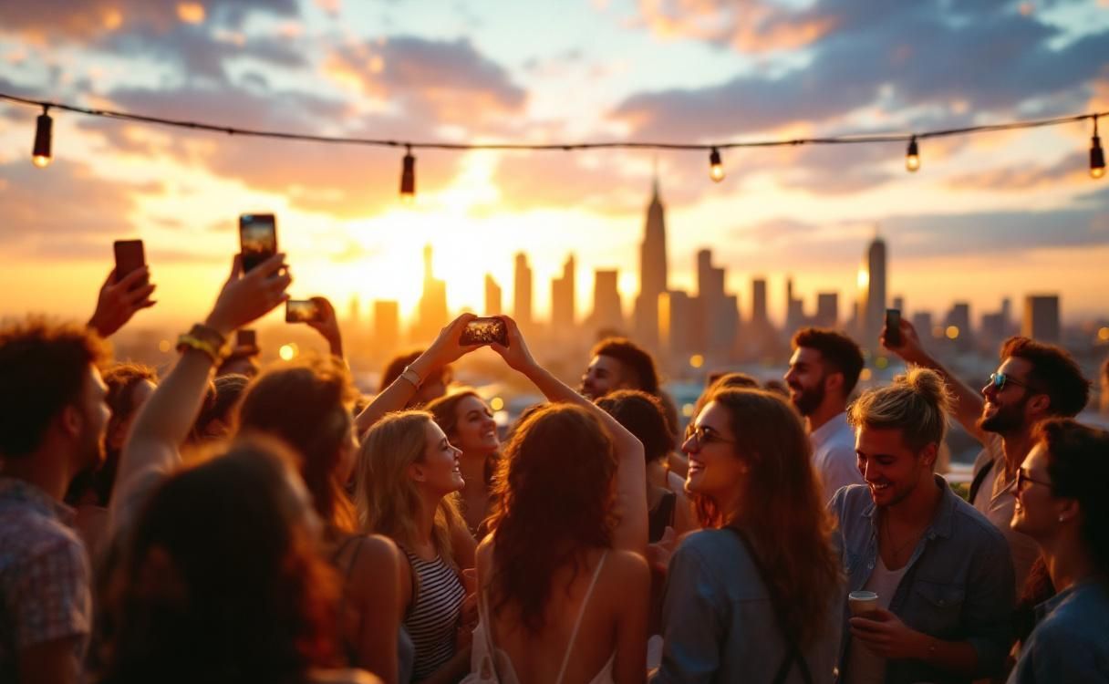 Group of friends at a rooftop party at golden hour with phones