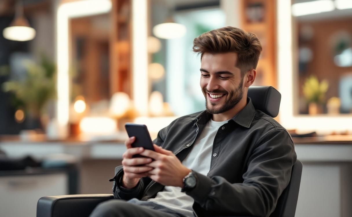 Man in a barbershop checking his phone and smiling