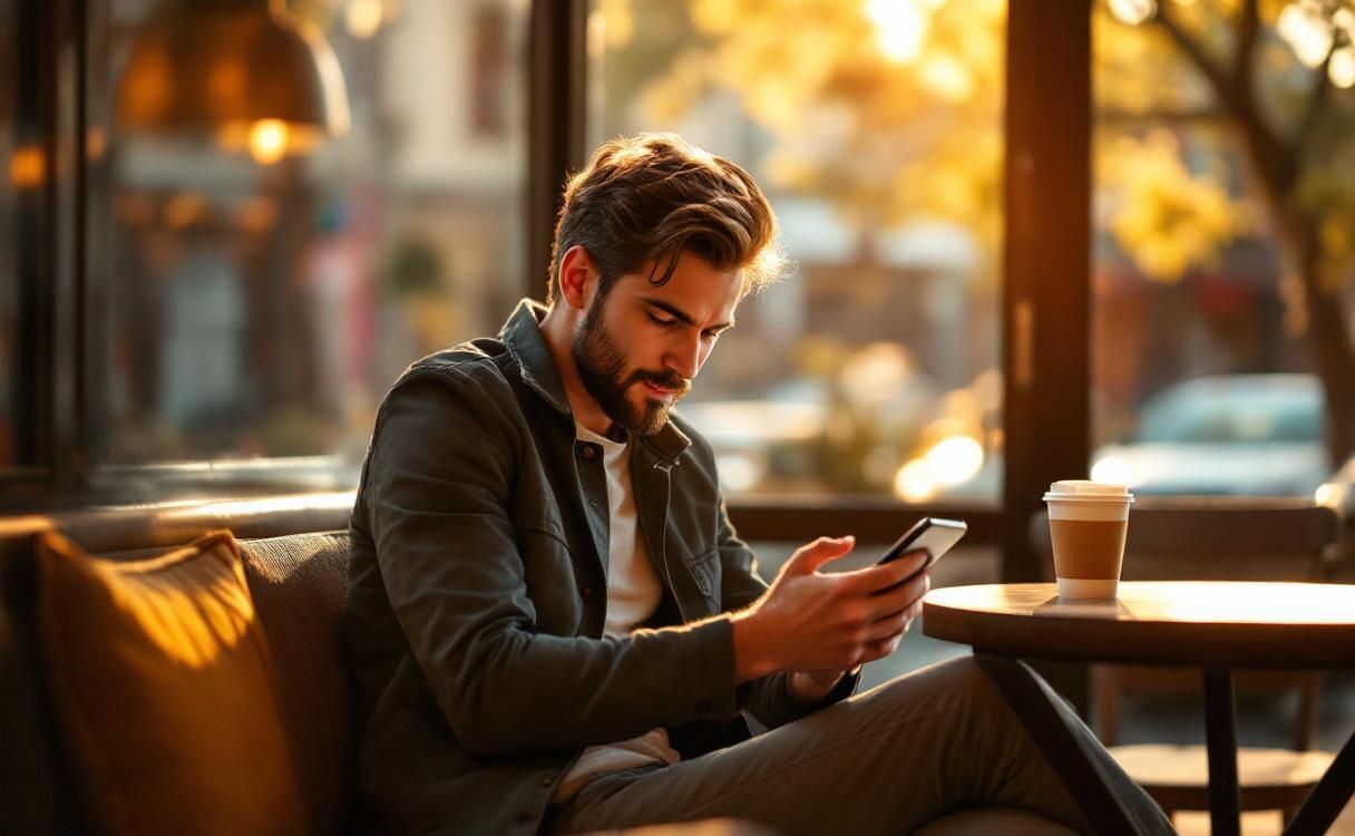 Man sitting in sunny coffee shop window reading his phone with latte on table