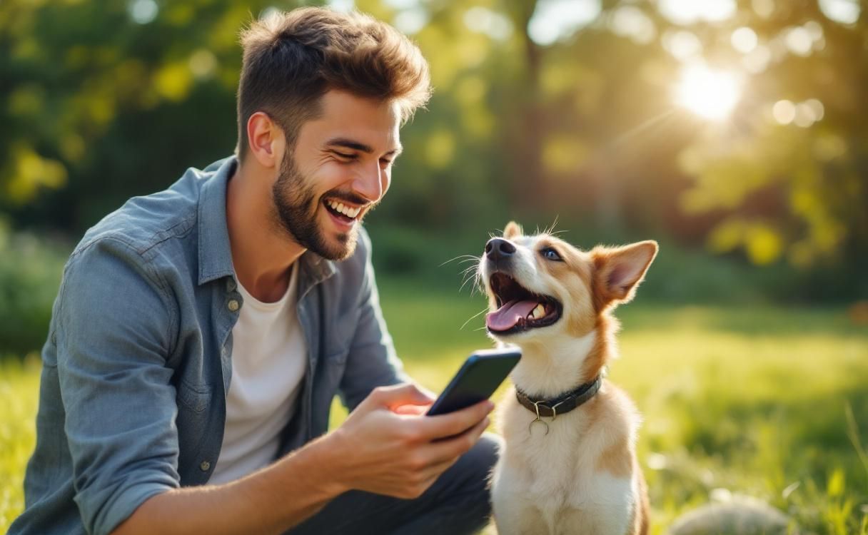 Man at a dog park laughing while filming his dog
