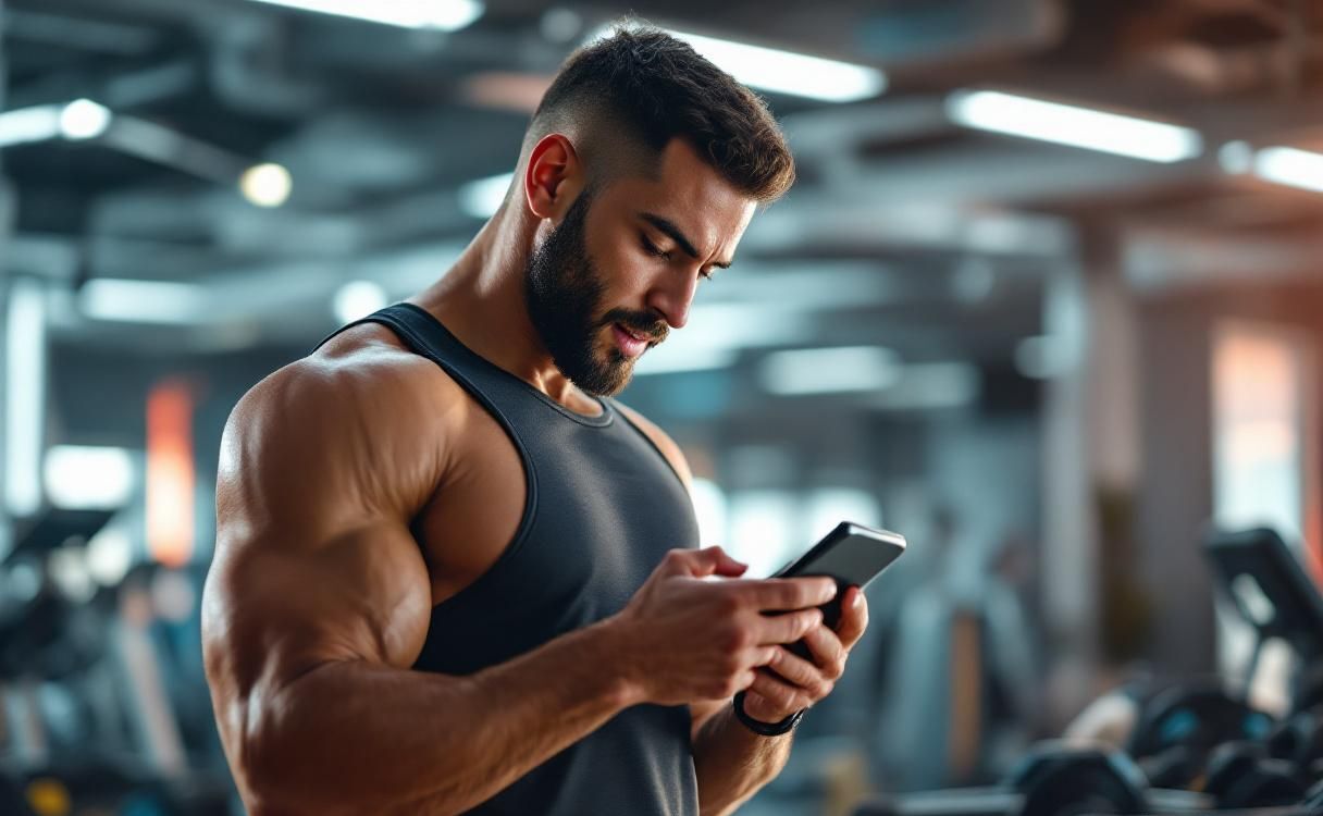Fit man in workout clothes checking phone between exercises at bright gym