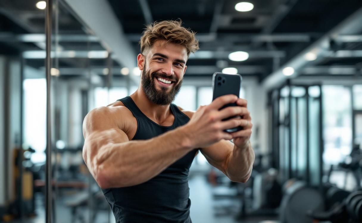 Athletic man in a gym taking a mirror selfie