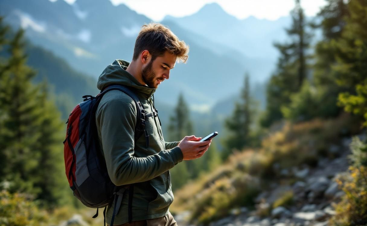 Man on a hiking trail checking his phone with mountains behind