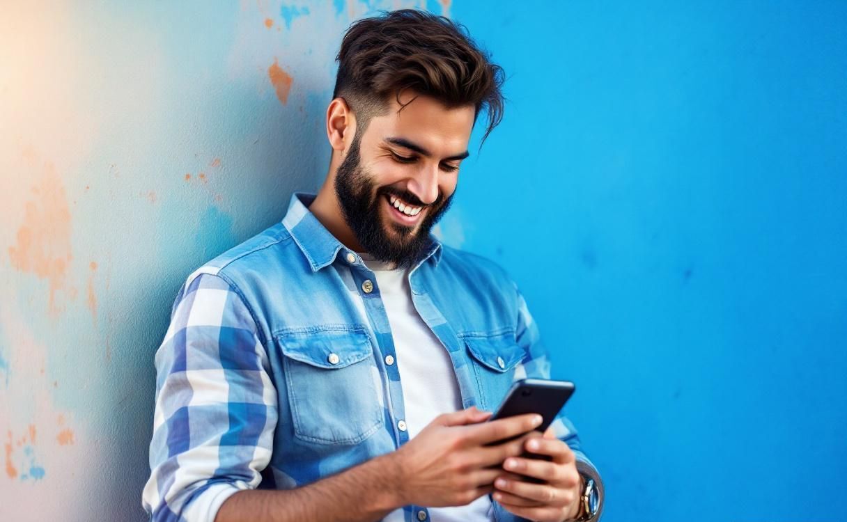 Man in casual clothes smiling at his phone against vibrant blue wall