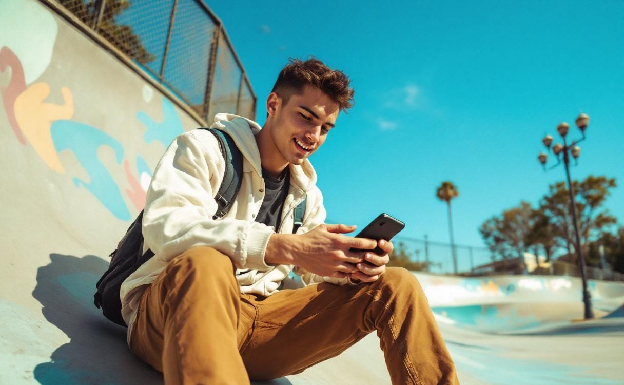 Man sitting on a skateboard at a skatepark checking his phone