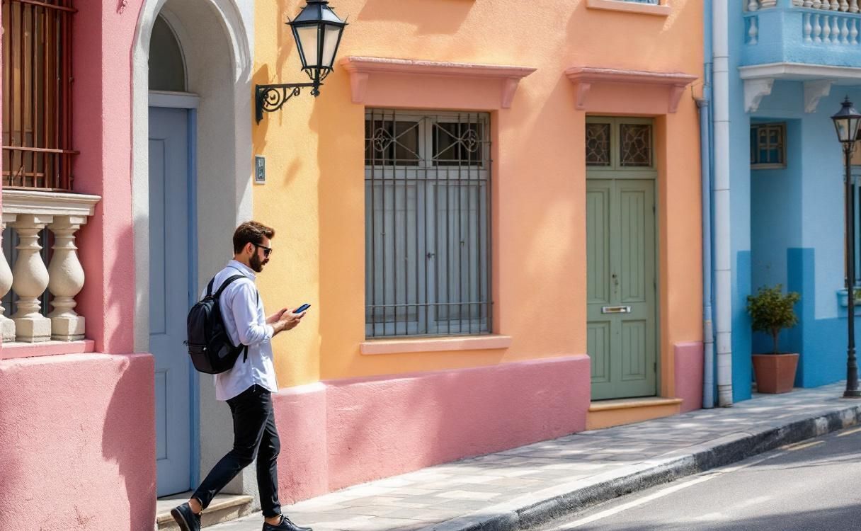 Stylish man walking down colorful city street while texting on phone