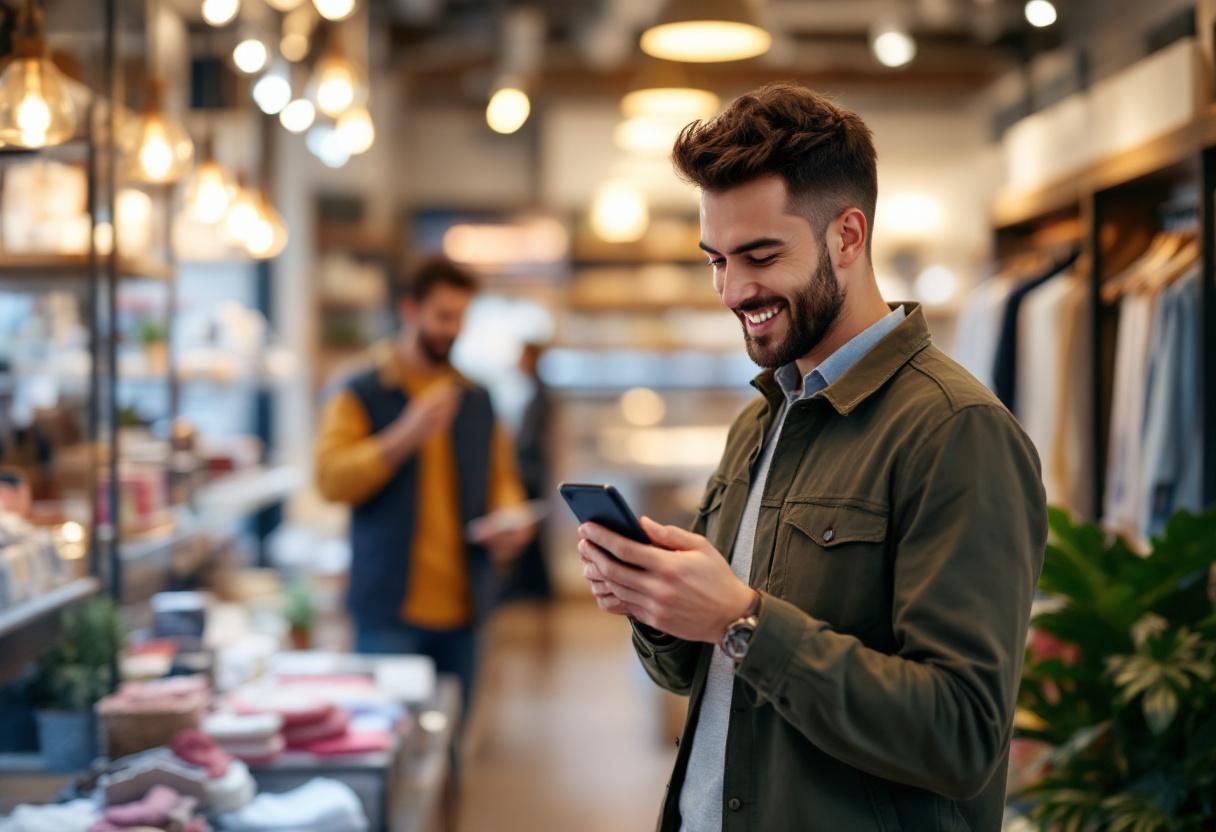 Small business owner using Tells.co RCS marketing platform on smartphone to send personalized video campaigns