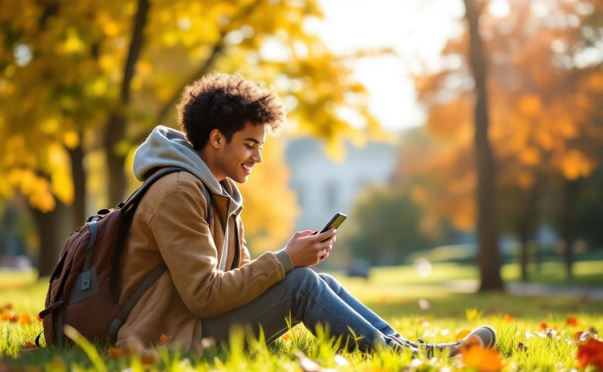 College student sitting on grass checking phone in warm autumn sunlight