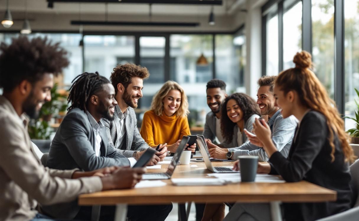 Diverse team members around a table holding phones in bright modern office