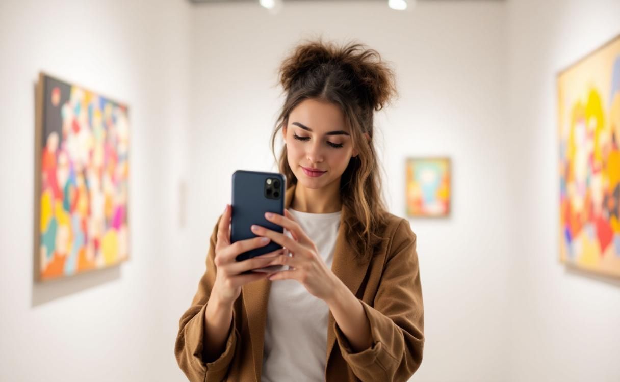 Woman in an art gallery taking a photo with her phone