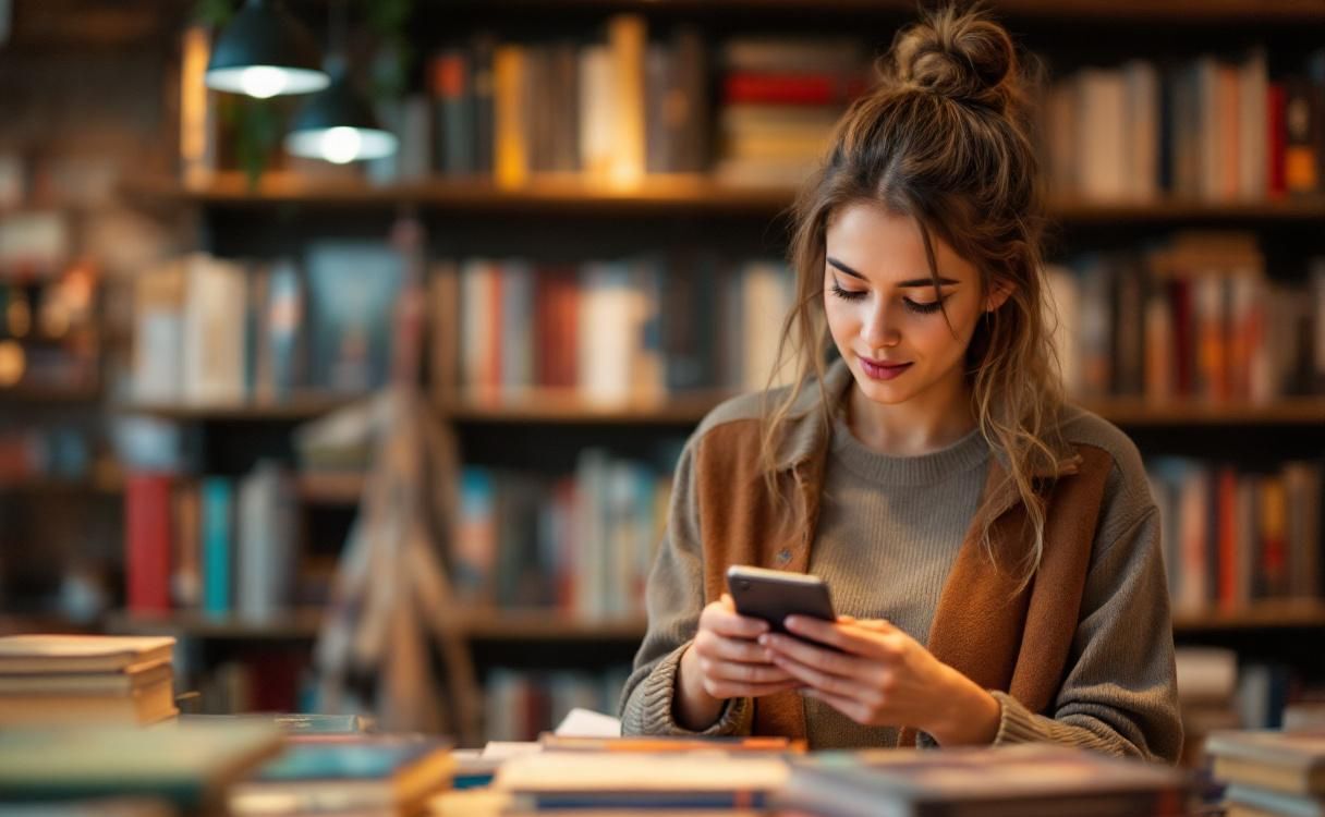 Woman browsing a bookstore while looking at her phone