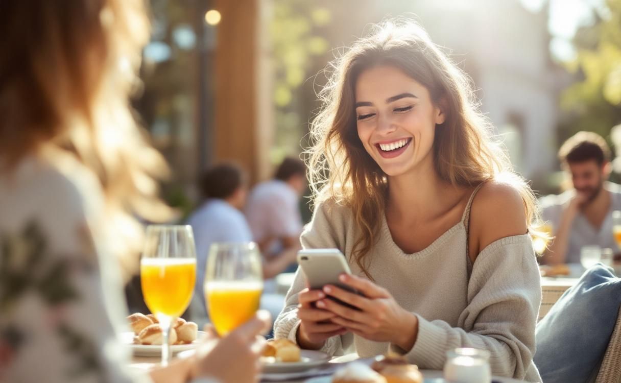 Woman at outdoor brunch laughing at her phone