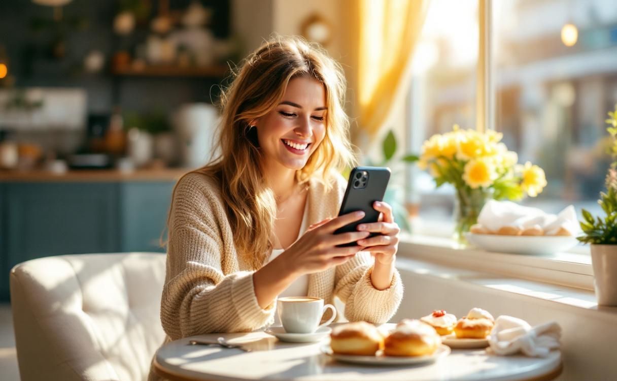Woman in sunlit cafe smiling at phone screen with pastries and coffee