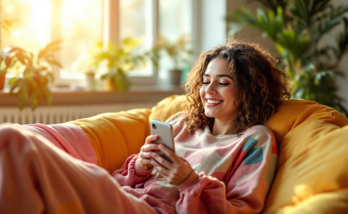 Woman lounging on colorful sofa tapping on smartphone in bright living room