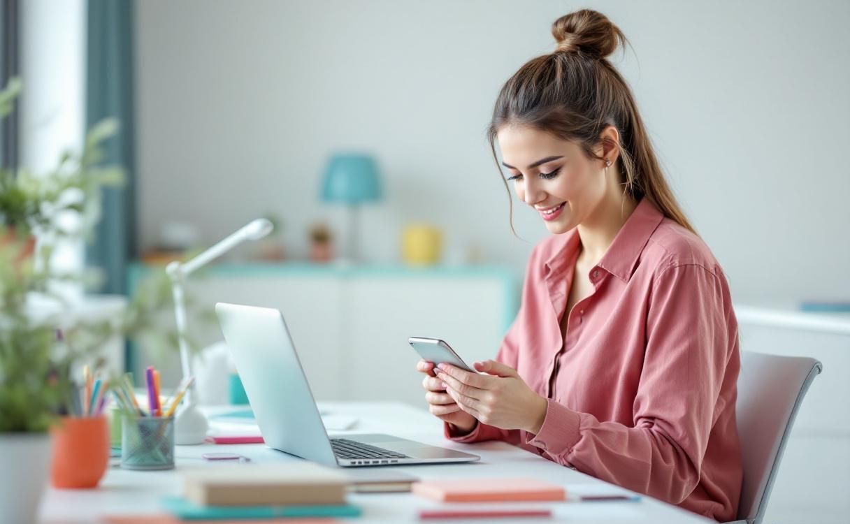 Woman at modern desk looking at smartphone with colorful office accessories