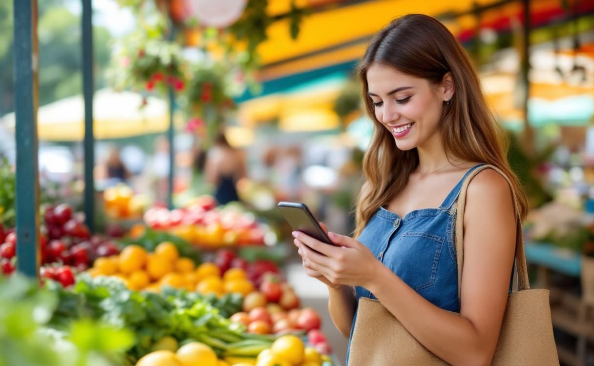 Woman at a farmers market looking at her phone