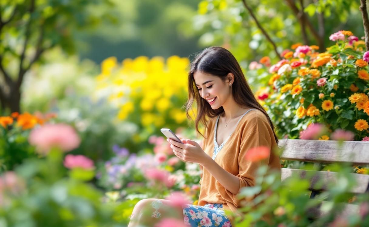 Woman in lush garden sitting on bench messaging on phone surrounded by flowers