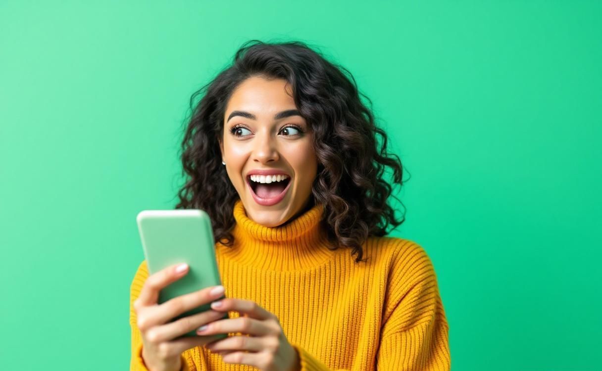 Woman with delighted expression looking at phone notification against mint green background