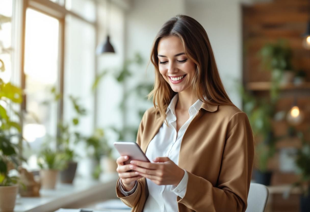 Business professional reviewing personalized RCS video message on smartphone in modern office setting