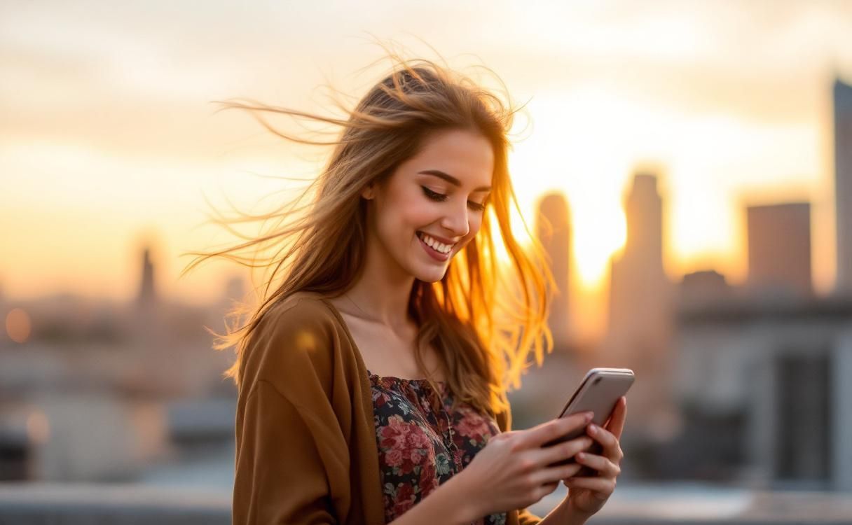 Young woman on a city rooftop at sunset smiling at her phone